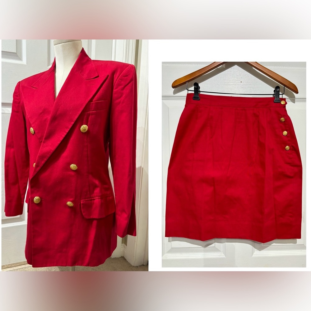 Ralph Lauren Red Double-Breasted Blazer and Skirt Set with Gold Buttons